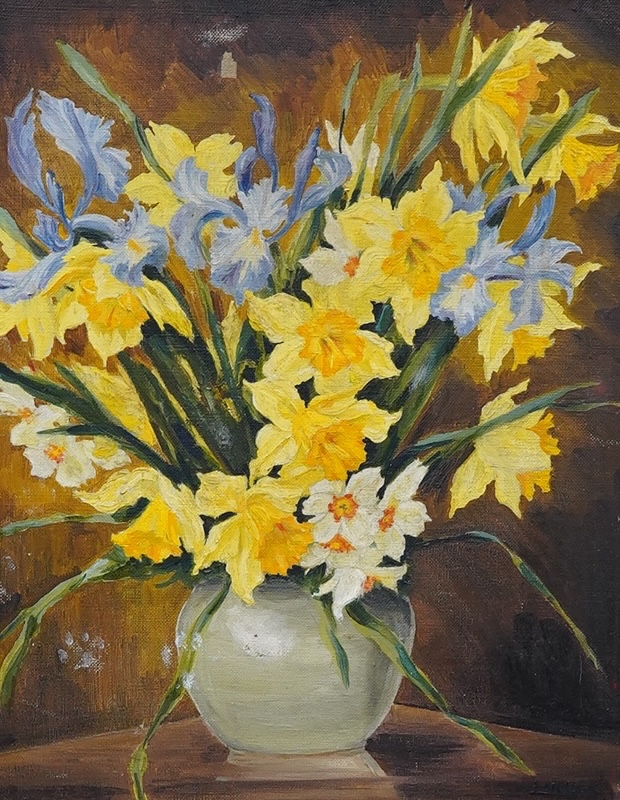 20th century oil on canvas, Still life of daffodils in a vase, indistinctly signed, 47 x 37cm, unframed. Condition - poor to fair